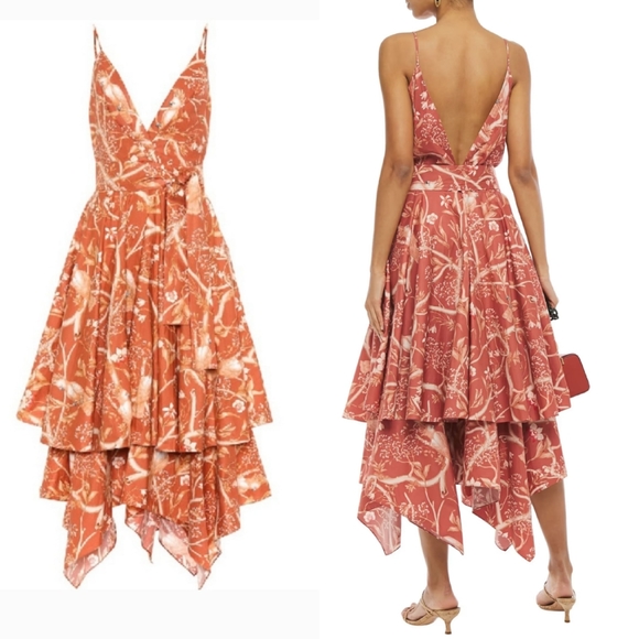 Johanna Ortiz Cacatua Belted Layered Bird Print Cotton Poplin Midi Dress 6 - Picture 3 of 15